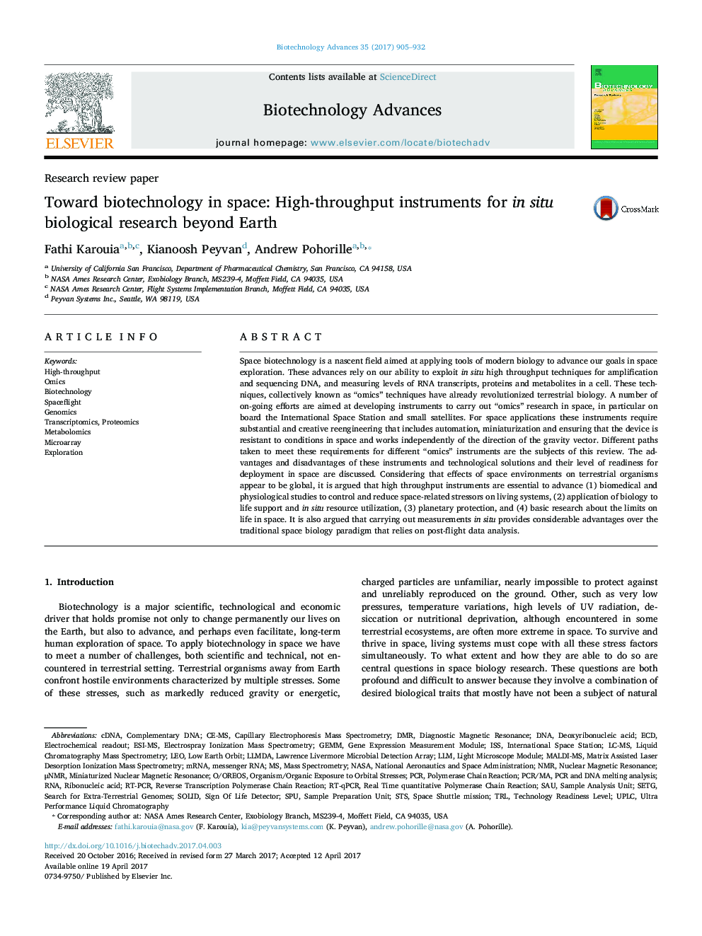 Research review paperToward biotechnology in space: High-throughput instruments for in situ biological research beyond Earth