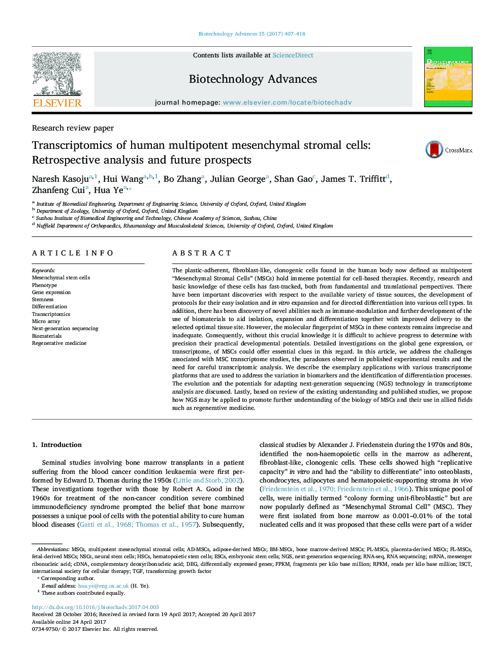 Research review paperTranscriptomics of human multipotent mesenchymal stromal cells: Retrospective analysis and future prospects