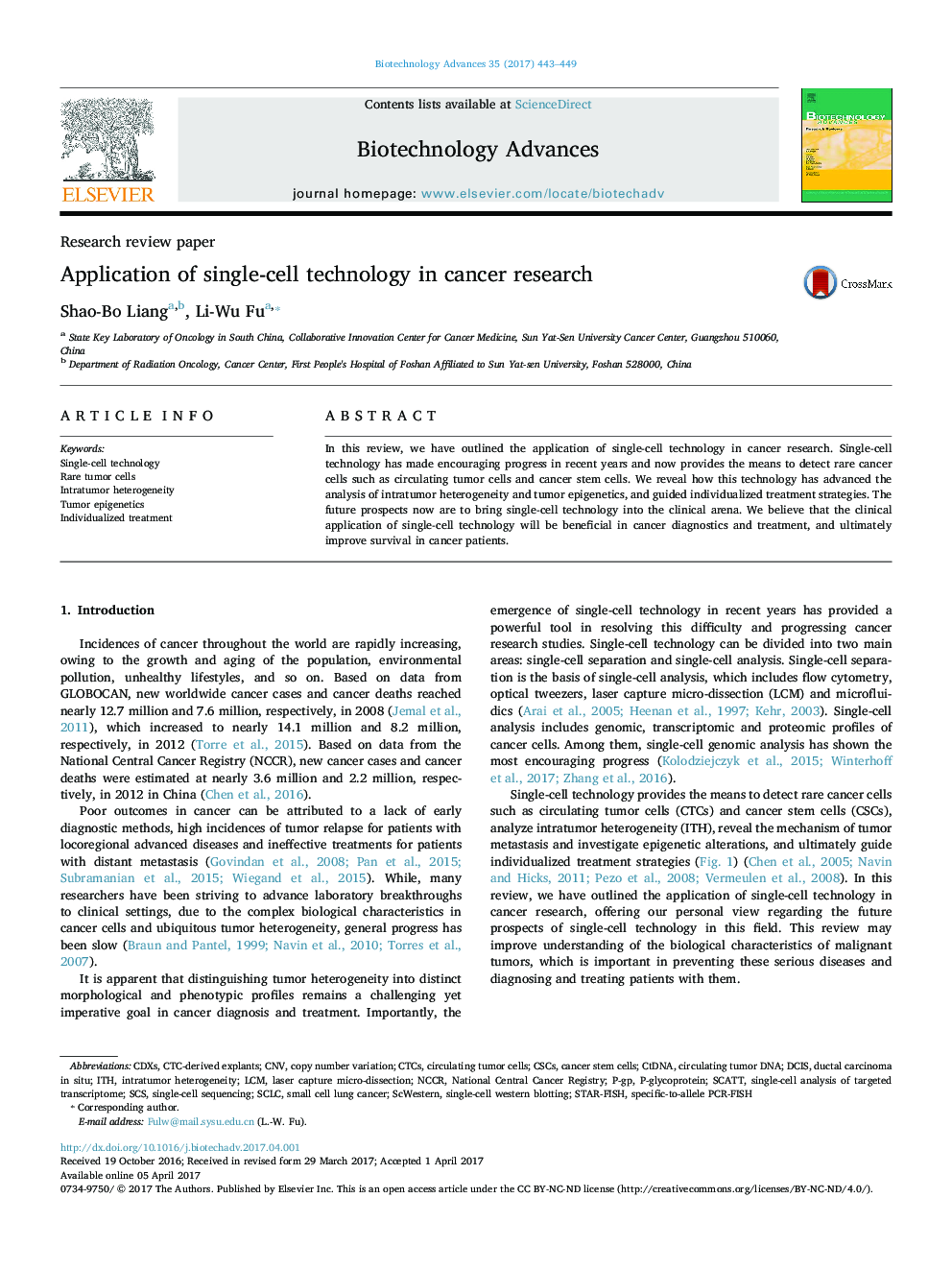 Research review paperApplication of single-cell technology in cancer research