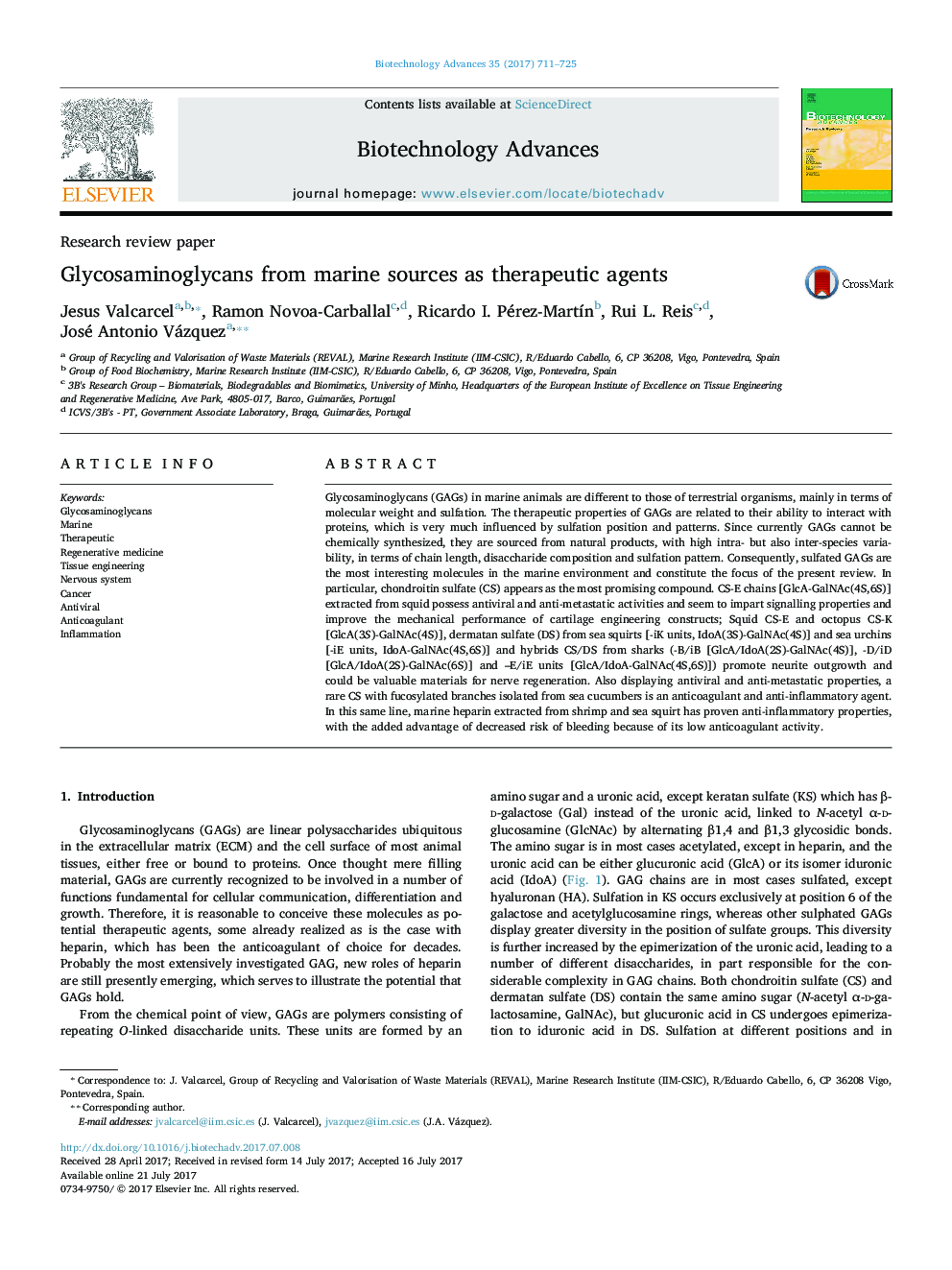 Research review paperGlycosaminoglycans from marine sources as therapeutic agents