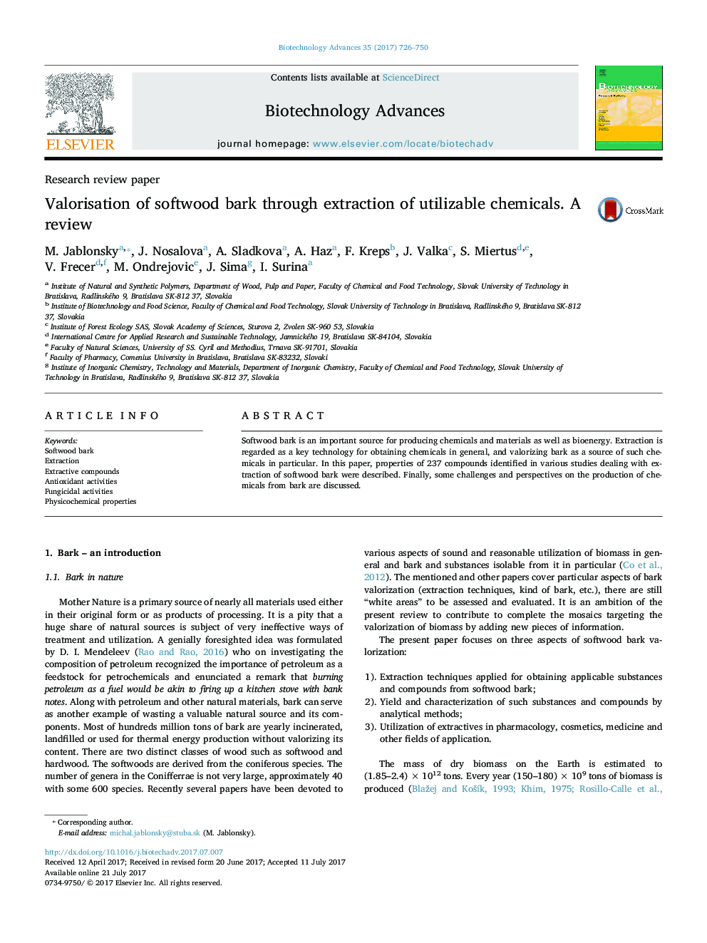 Research review paperValorisation of softwood bark through extraction of utilizable chemicals. A review