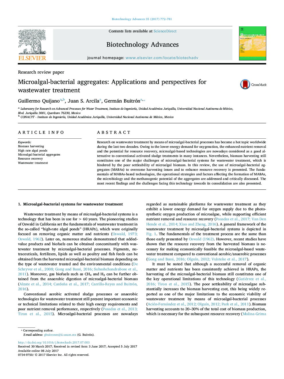 Research review paperMicroalgal-bacterial aggregates: Applications and perspectives for wastewater treatment