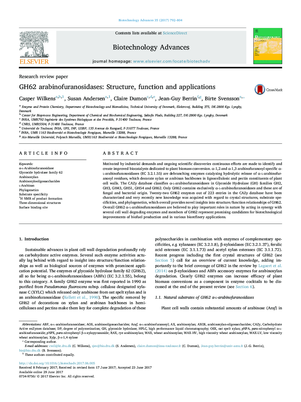 Research review paperGH62 arabinofuranosidases: Structure, function and applications