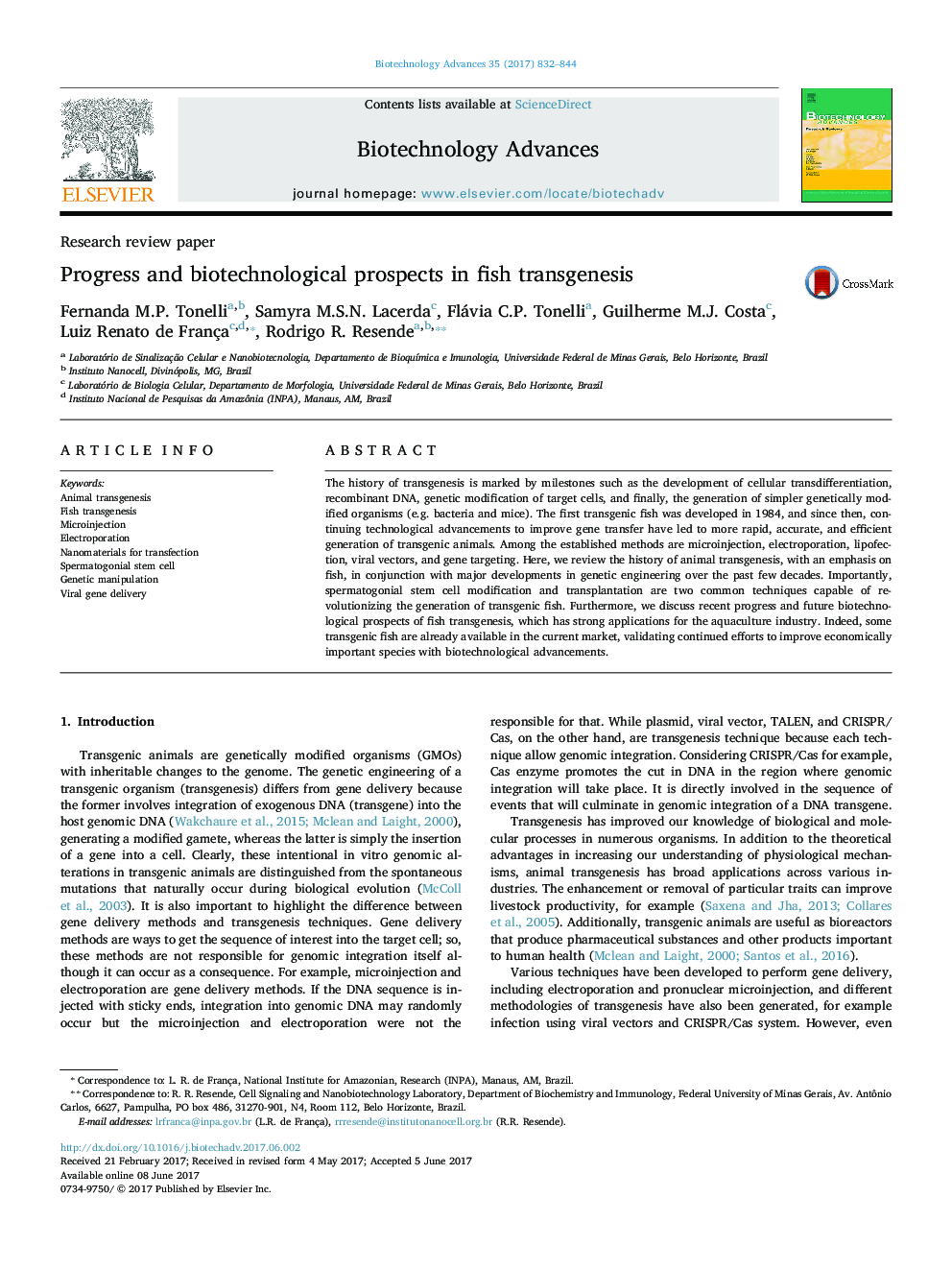 Research review paperProgress and biotechnological prospects in fish transgenesis