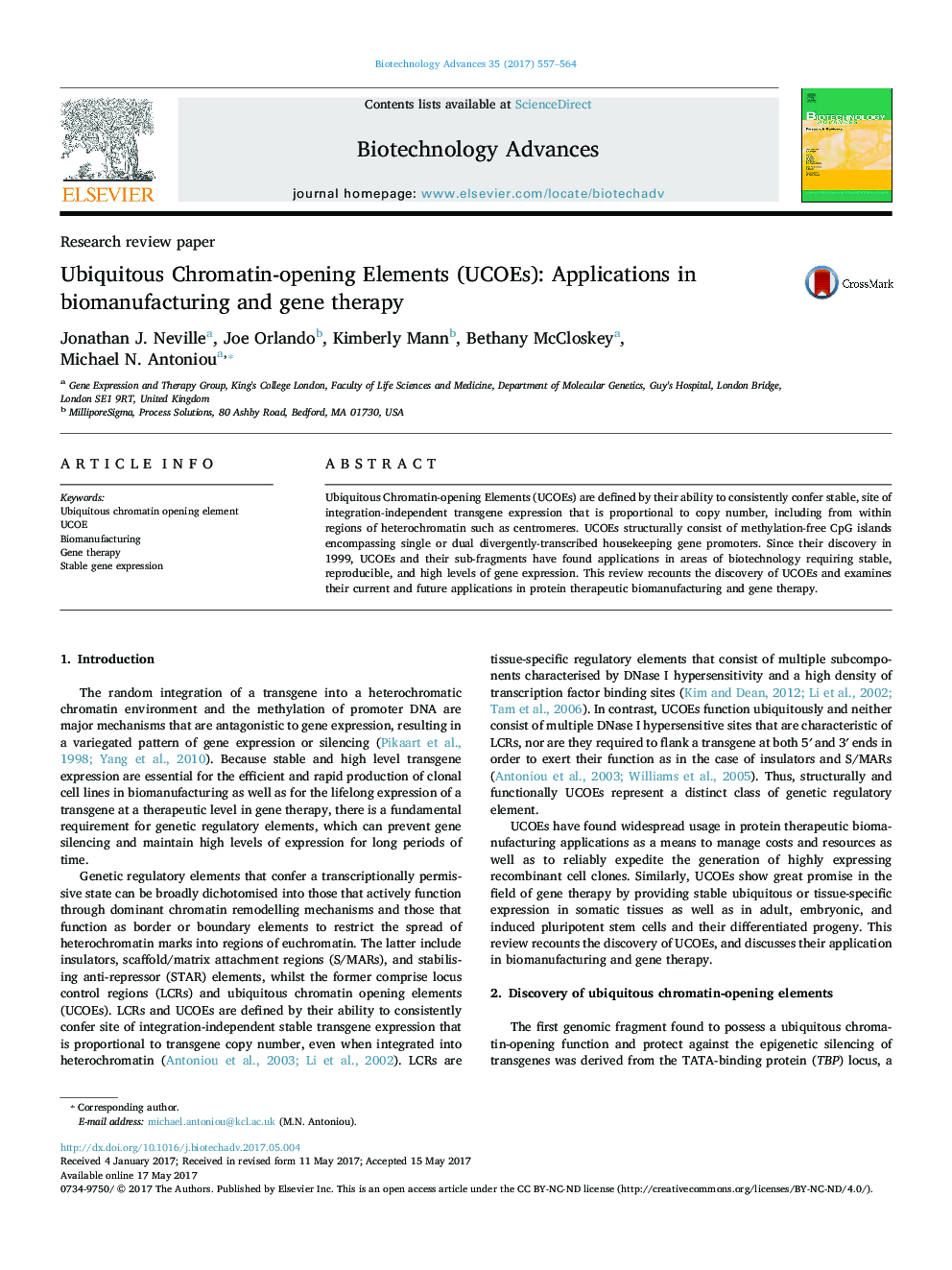 Research review paperUbiquitous Chromatin-opening Elements (UCOEs): Applications in biomanufacturing and gene therapy