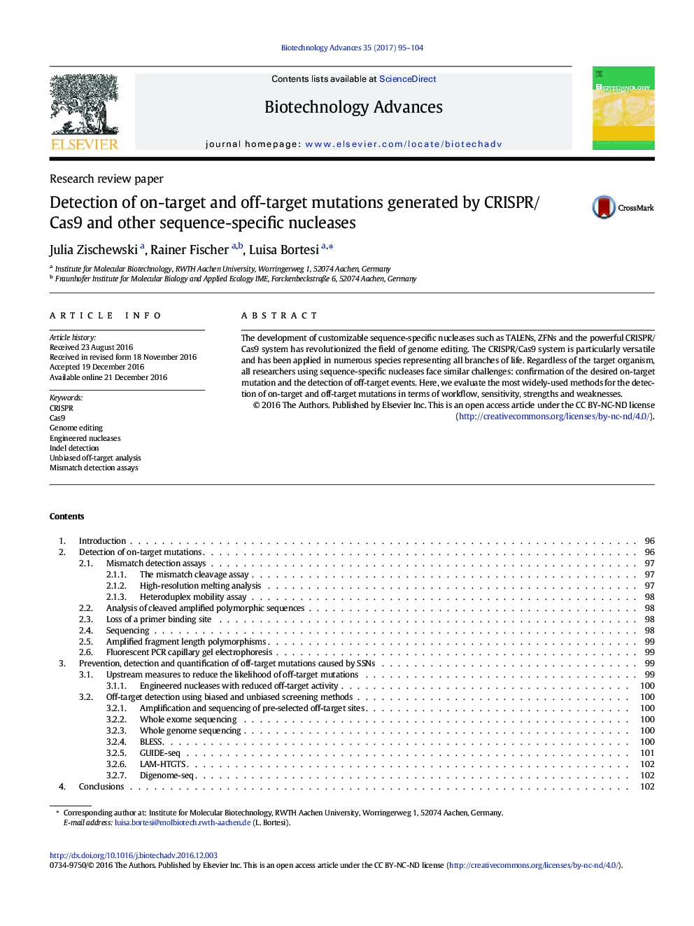 Research review paperDetection of on-target and off-target mutations generated by CRISPR/Cas9 and other sequence-specific nucleases