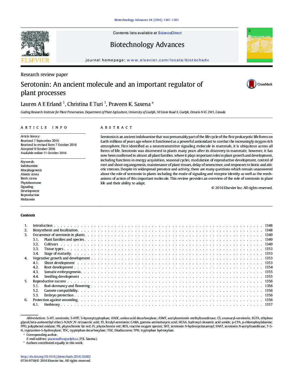 Research review paperSerotonin: An ancient molecule and an important regulator of plant processes