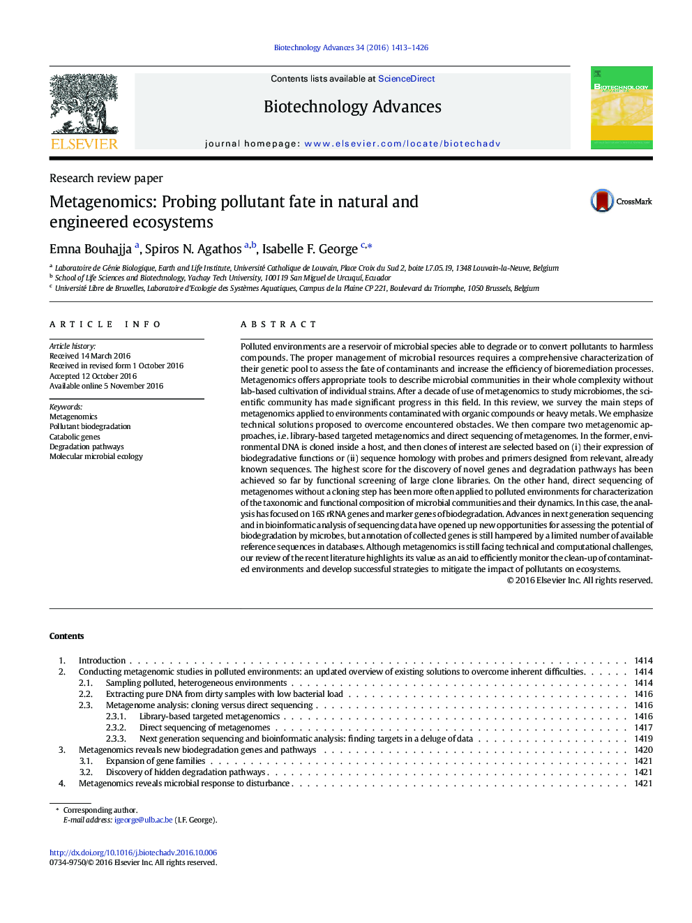 Research review paperMetagenomics: Probing pollutant fate in natural and engineered ecosystems