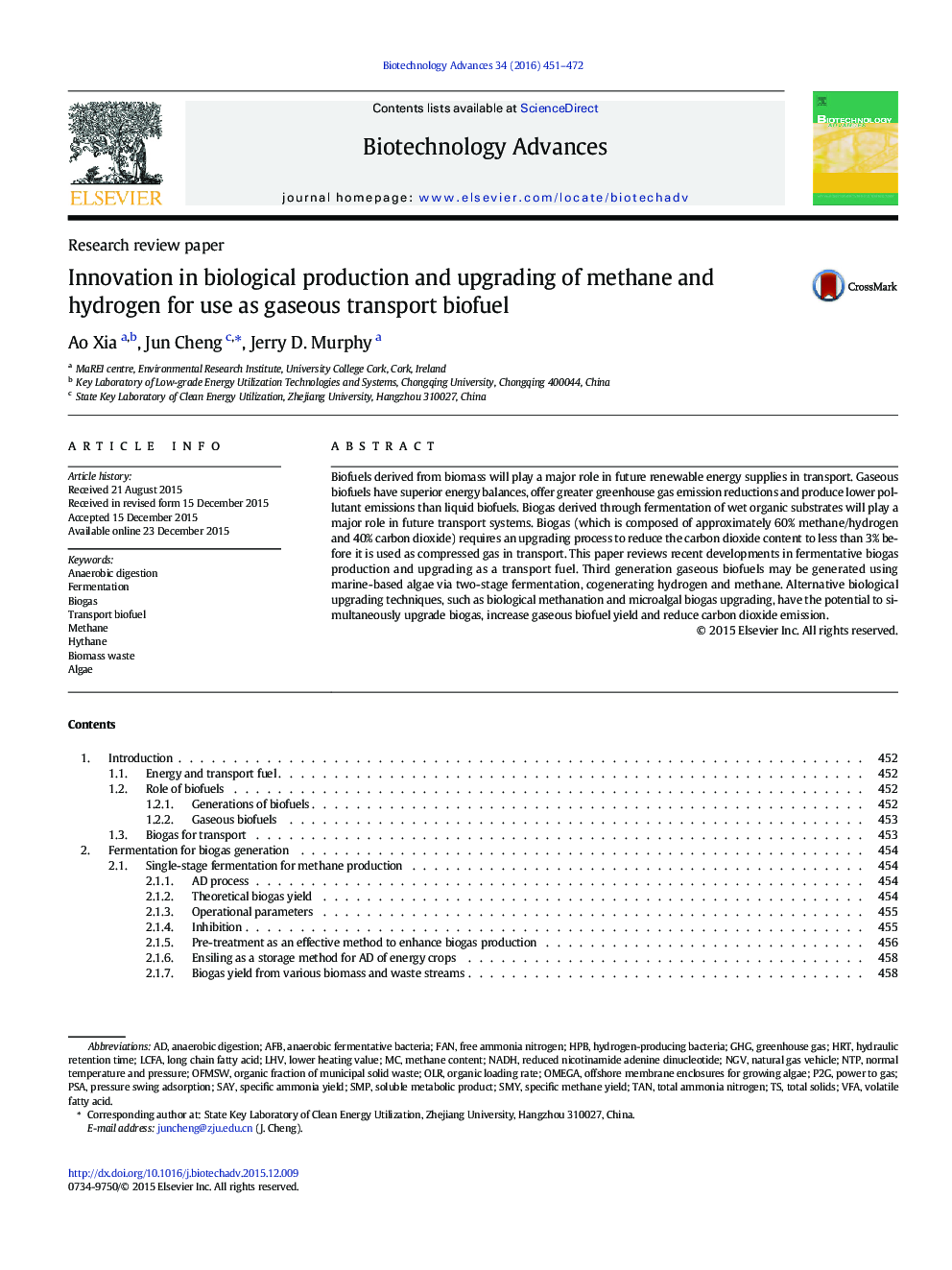 Research review paperInnovation in biological production and upgrading of methane and hydrogen for use as gaseous transport biofuel