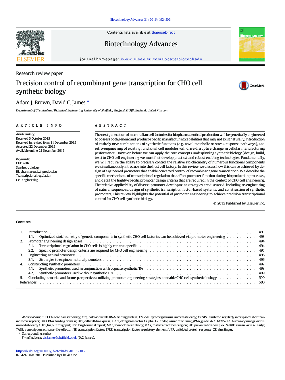 Research review paperPrecision control of recombinant gene transcription for CHO cell synthetic biology