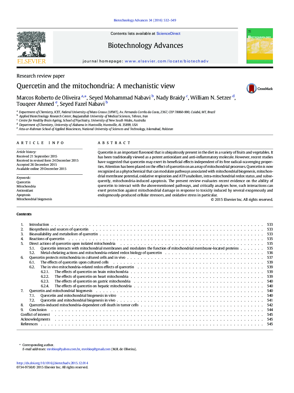 Research review paperQuercetin and the mitochondria: A mechanistic view