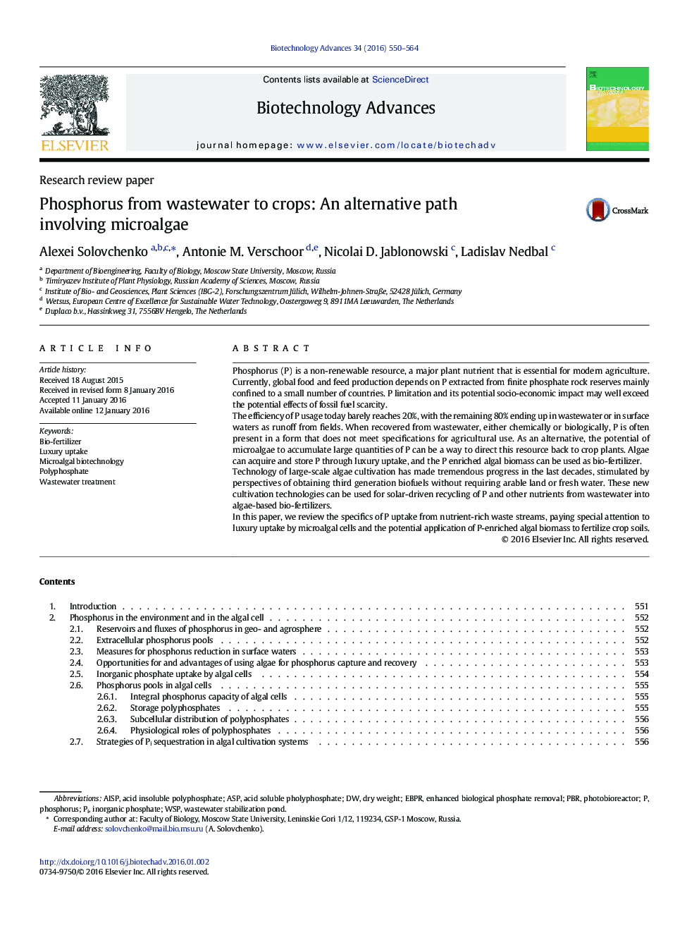 Research review paperPhosphorus from wastewater to crops: An alternative path involving microalgae