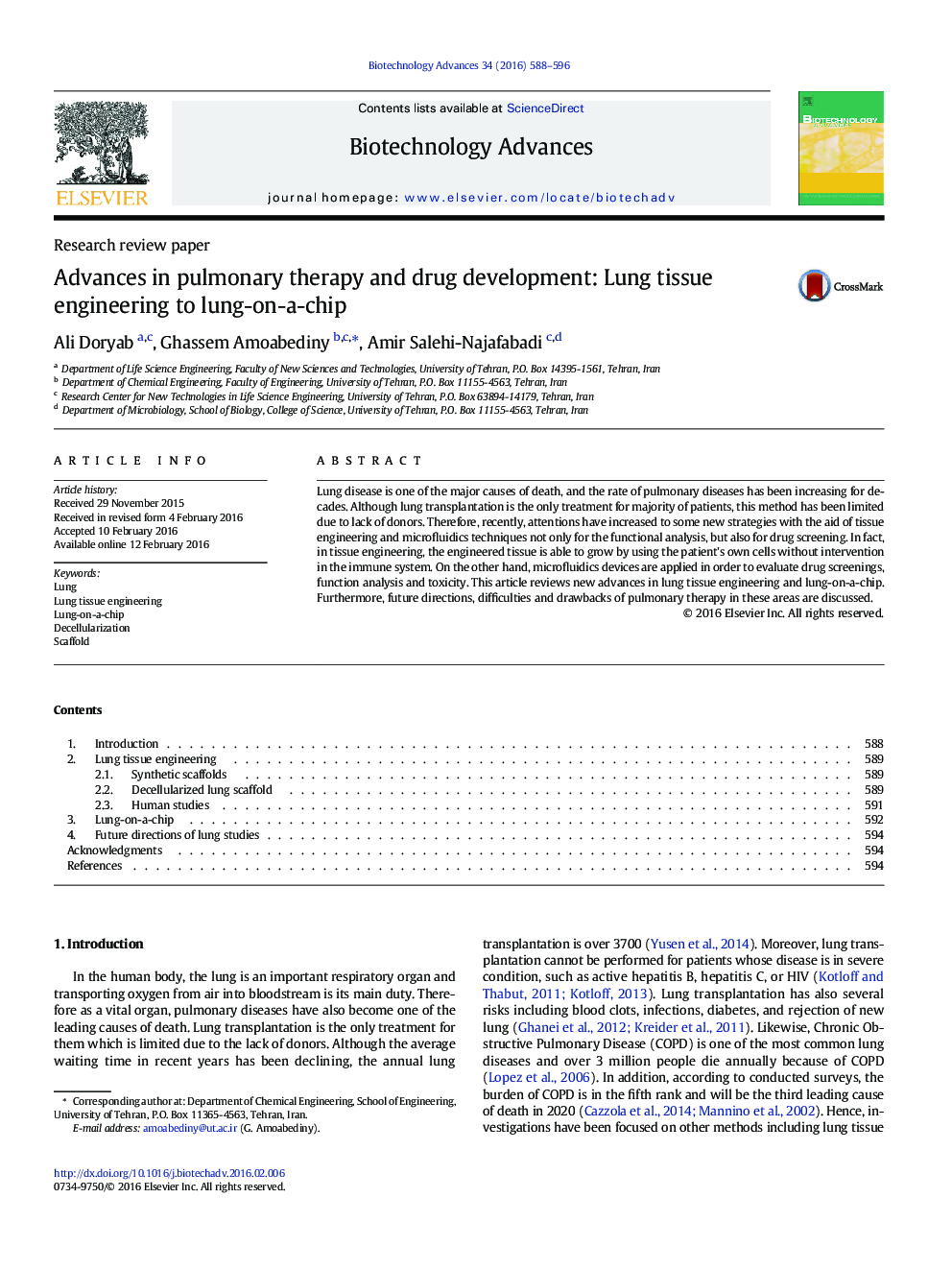 Advances in pulmonary therapy and drug development: Lung tissue engineering to lung-on-a-chip