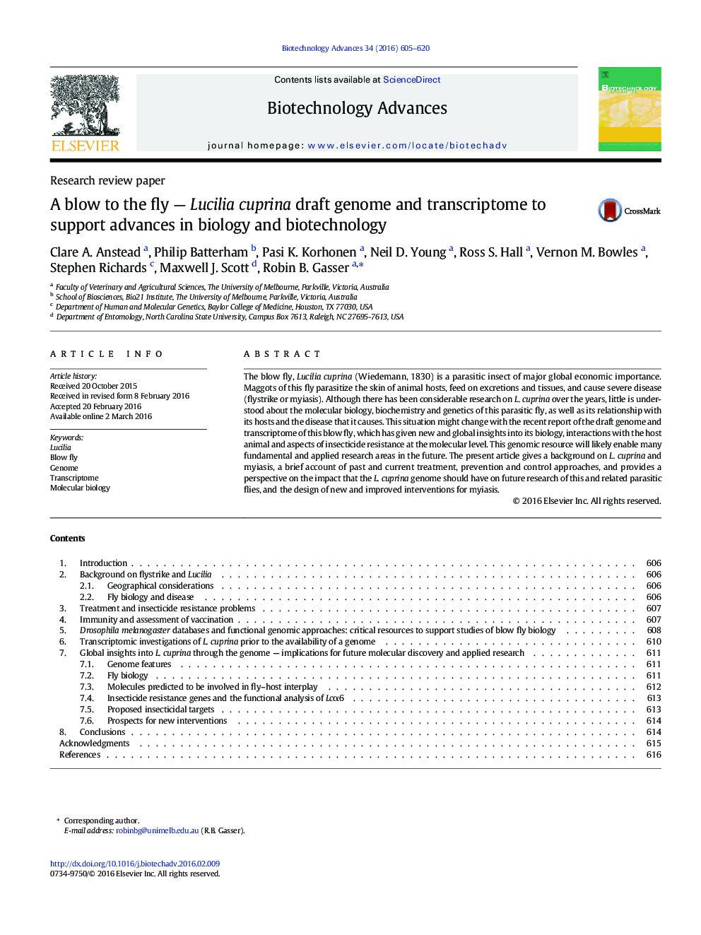 Research review paperA blow to the fly - Lucilia cuprina draft genome and transcriptome to support advances in biology and biotechnology