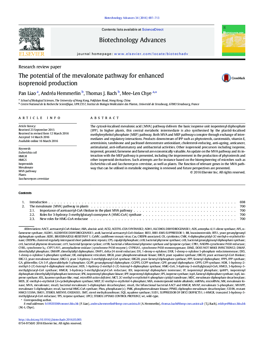 Research review paperThe potential of the mevalonate pathway for enhanced isoprenoid production