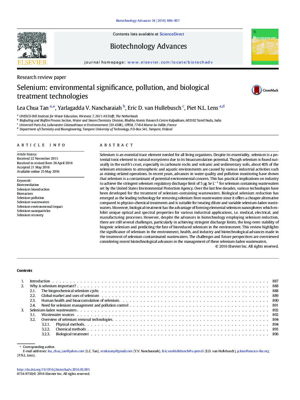 Research review paperSelenium: environmental significance, pollution, and biological treatment technologies