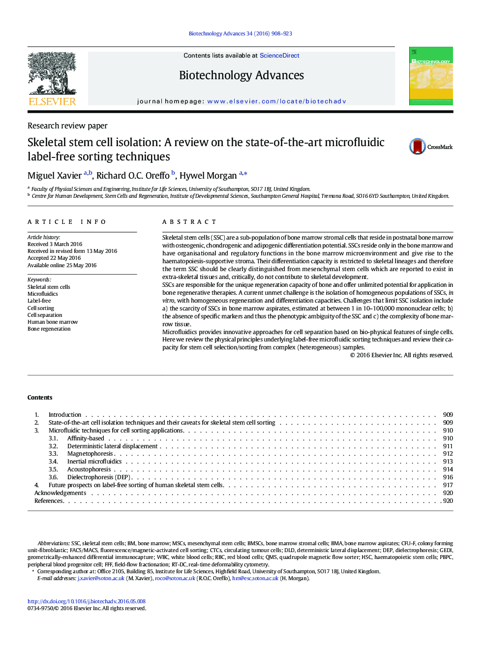 Research review paperSkeletal stem cell isolation: A review on the state-of-the-art microfluidic label-free sorting techniques