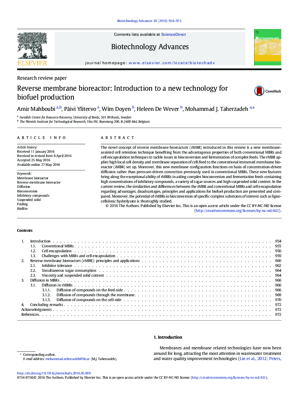 Research review paperReverse membrane bioreactor: Introduction to a new technology for biofuel production