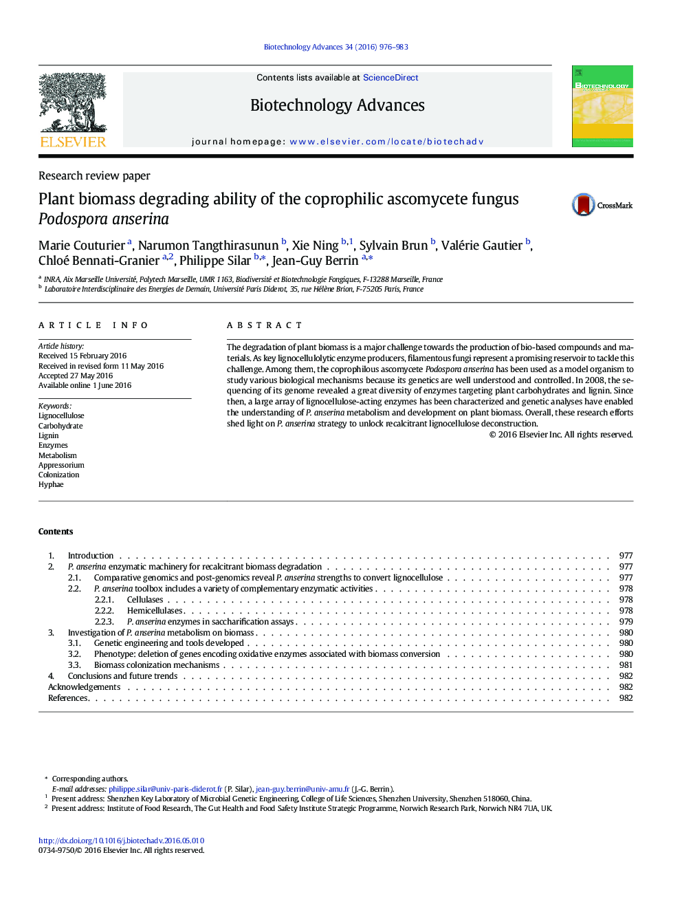 Research review paperPlant biomass degrading ability of the coprophilic ascomycete fungus Podospora anserina