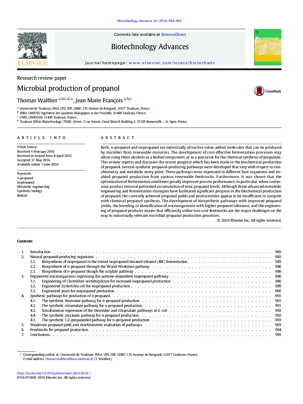 Research review paperMicrobial production of propanol