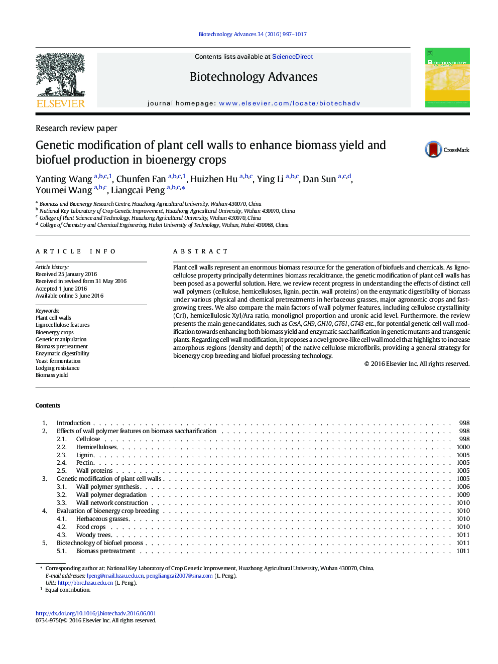 Research review paperGenetic modification of plant cell walls to enhance biomass yield and biofuel production in bioenergy crops