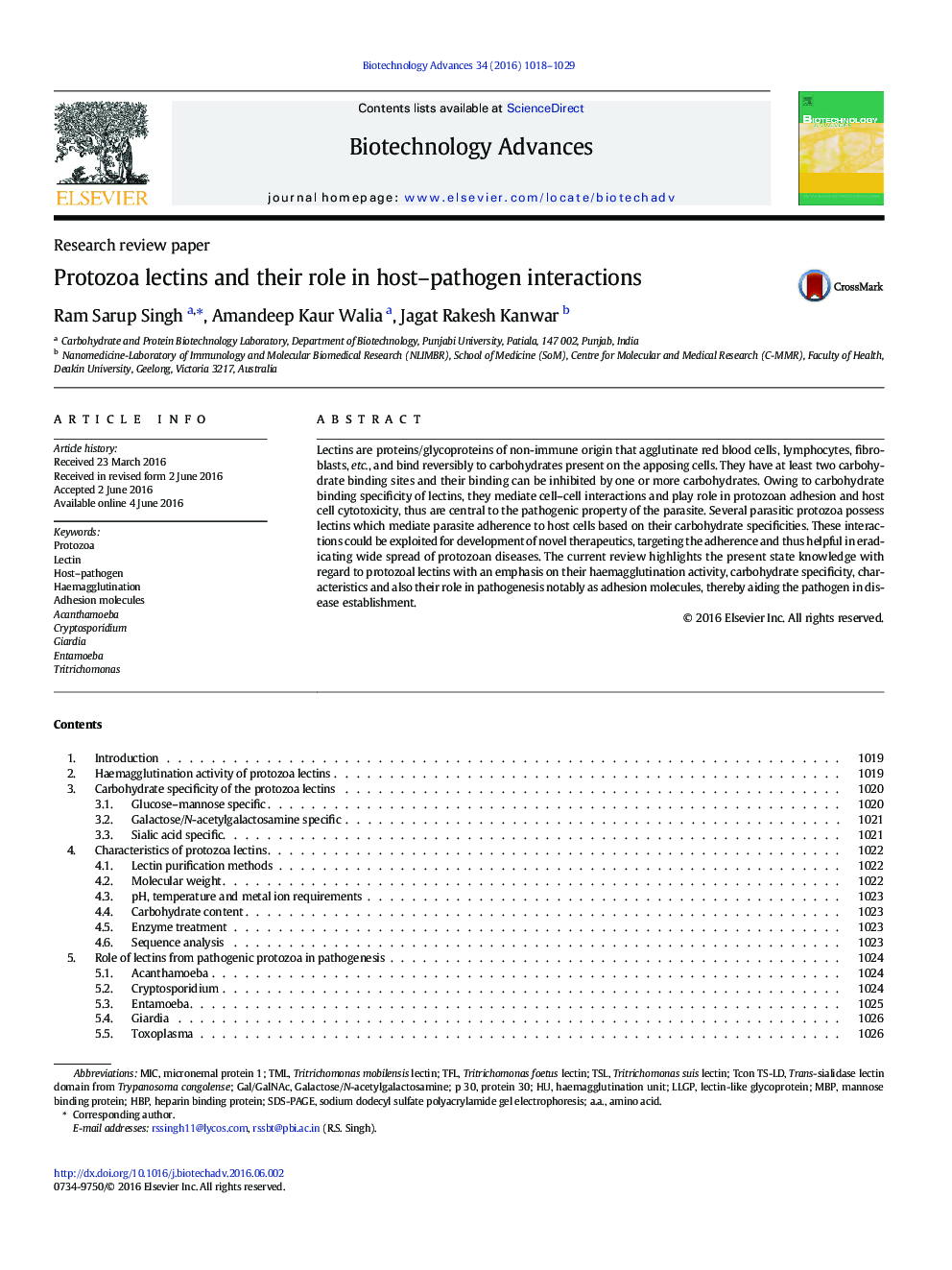 Research review paperProtozoa lectins and their role in host-pathogen interactions