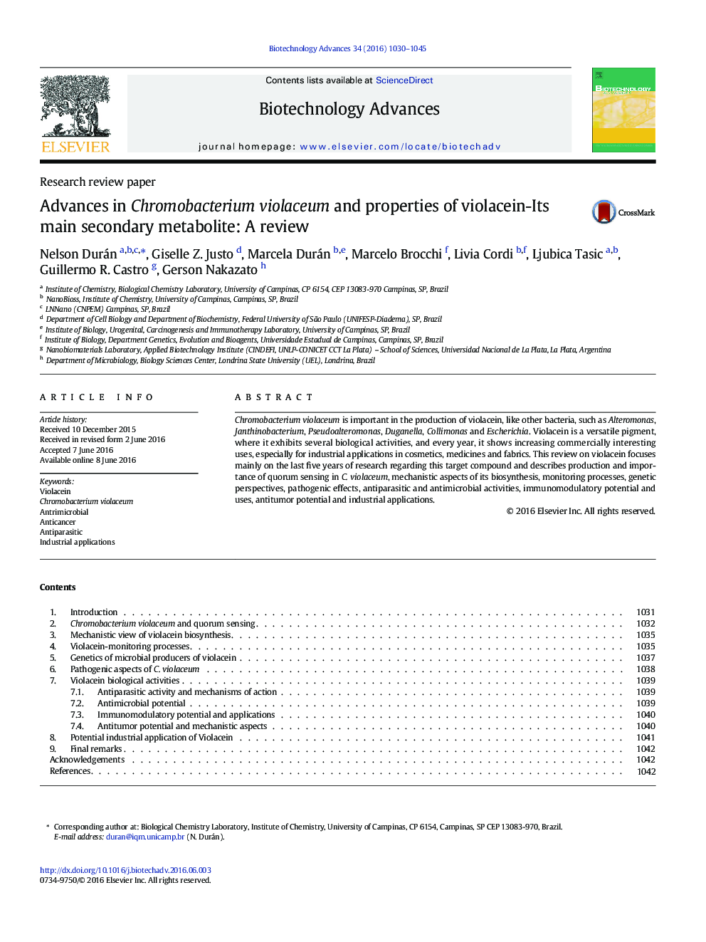 Research review paperAdvances in Chromobacterium violaceum and properties of violacein-Its main secondary metabolite: A review