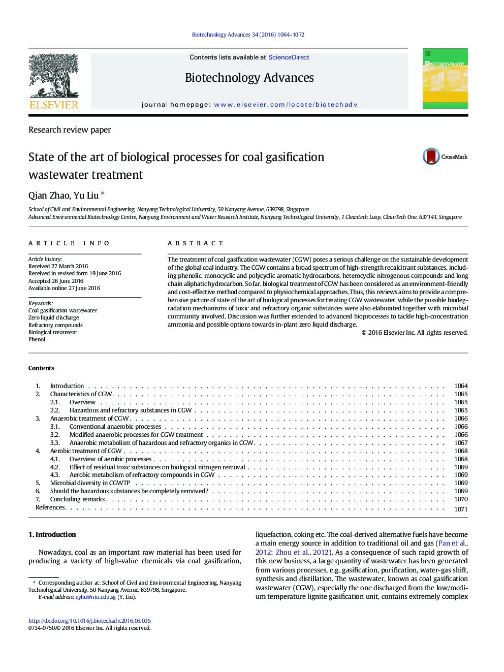 Research review paperState of the art of biological processes for coal gasification wastewater treatment