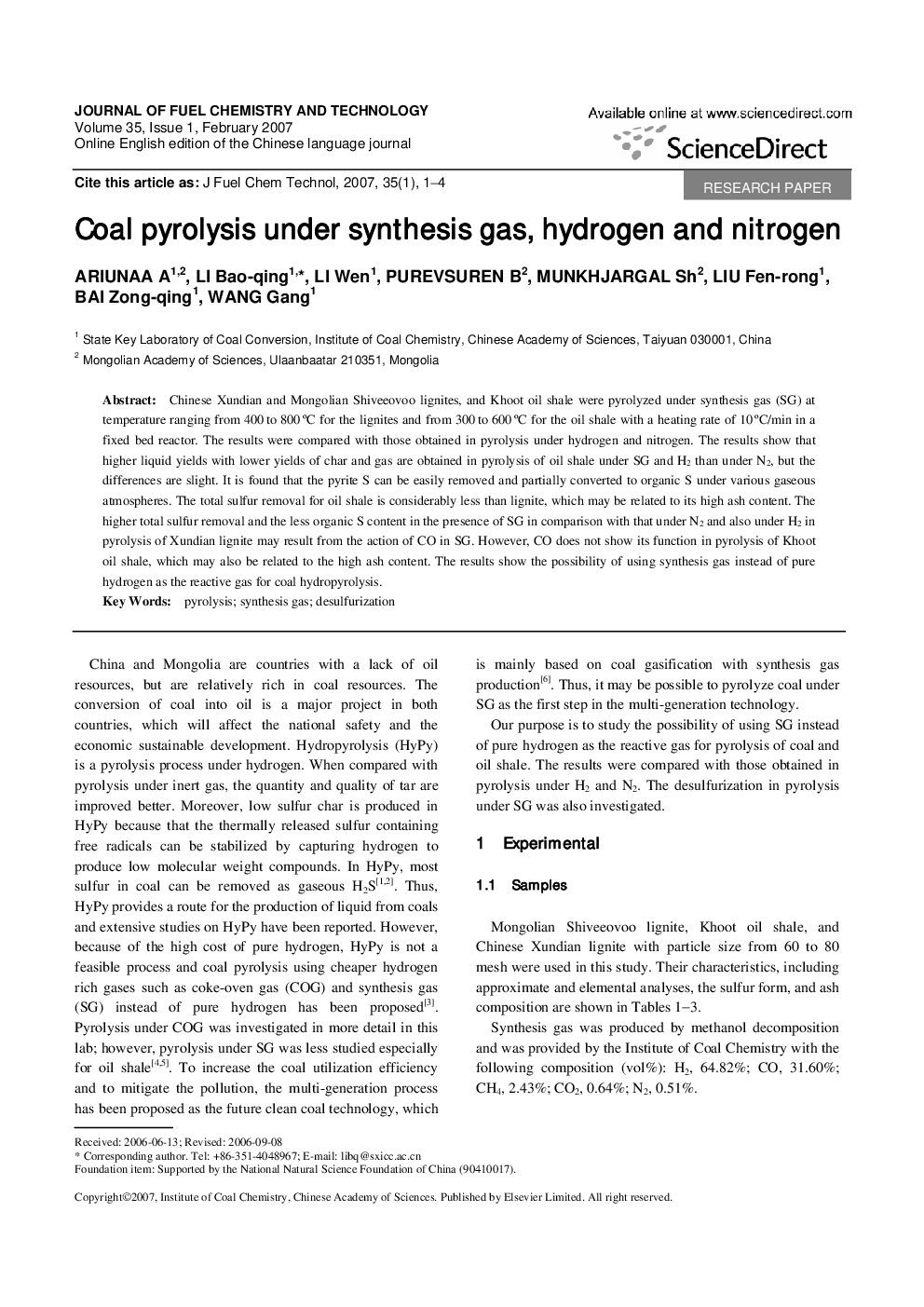 Coal pyrolysis under synthesis gas, hydrogen and nitrogen 