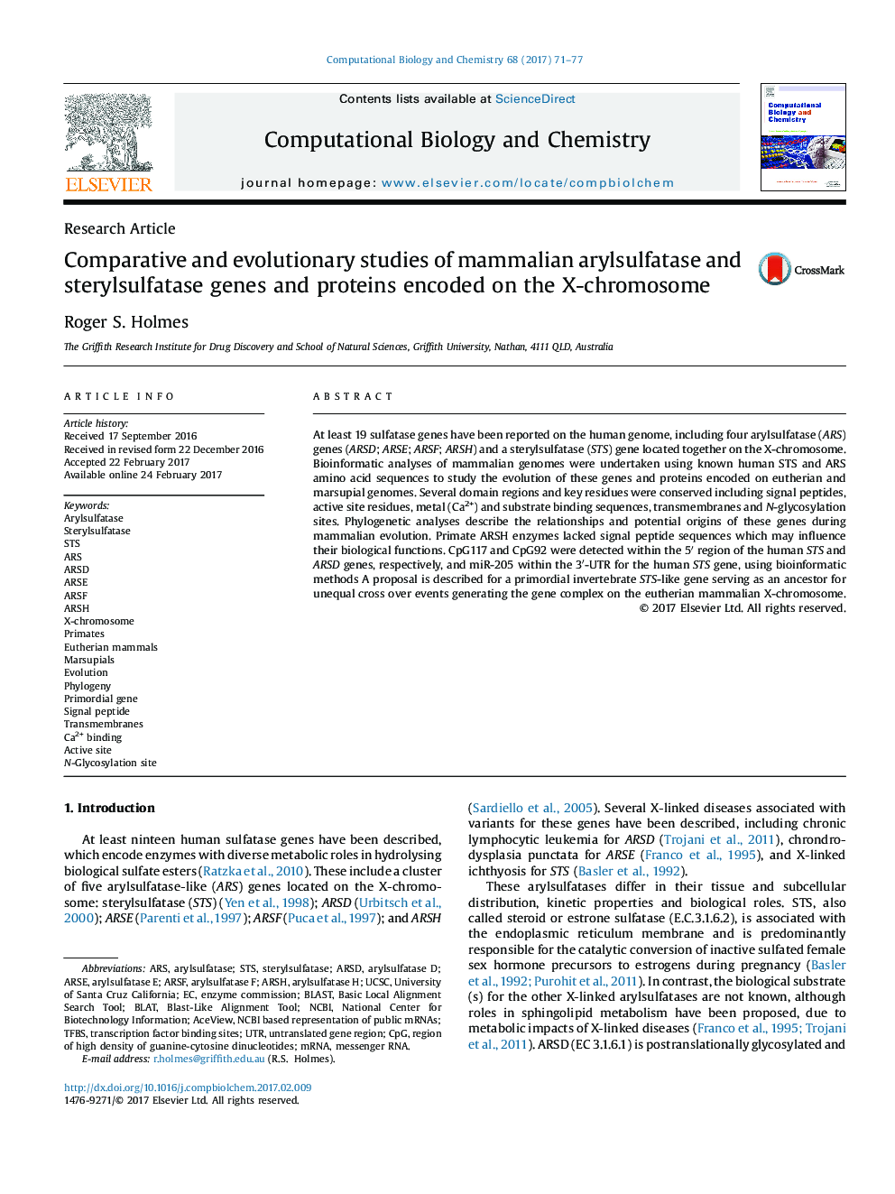 Research ArticleComparative and evolutionary studies of mammalian arylsulfatase and sterylsulfatase genes and proteins encoded on the X-chromosome