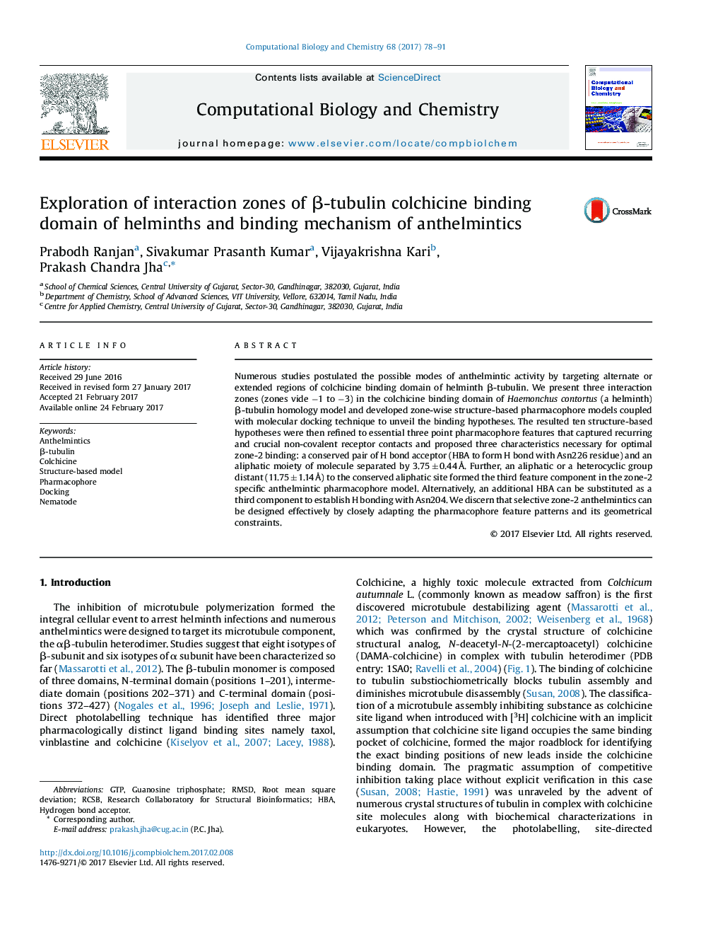 Exploration of interaction zones of Î²-tubulin colchicine binding domain of helminths and binding mechanism of anthelmintics