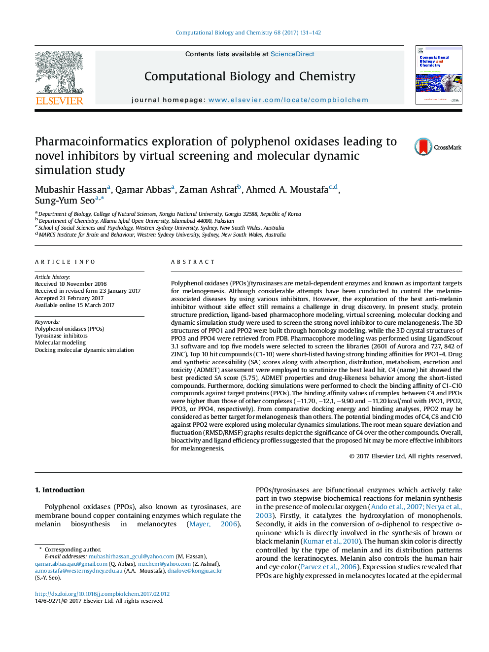 Pharmacoinformatics exploration of polyphenol oxidases leading to novel inhibitors by virtual screening and molecular dynamic simulation study