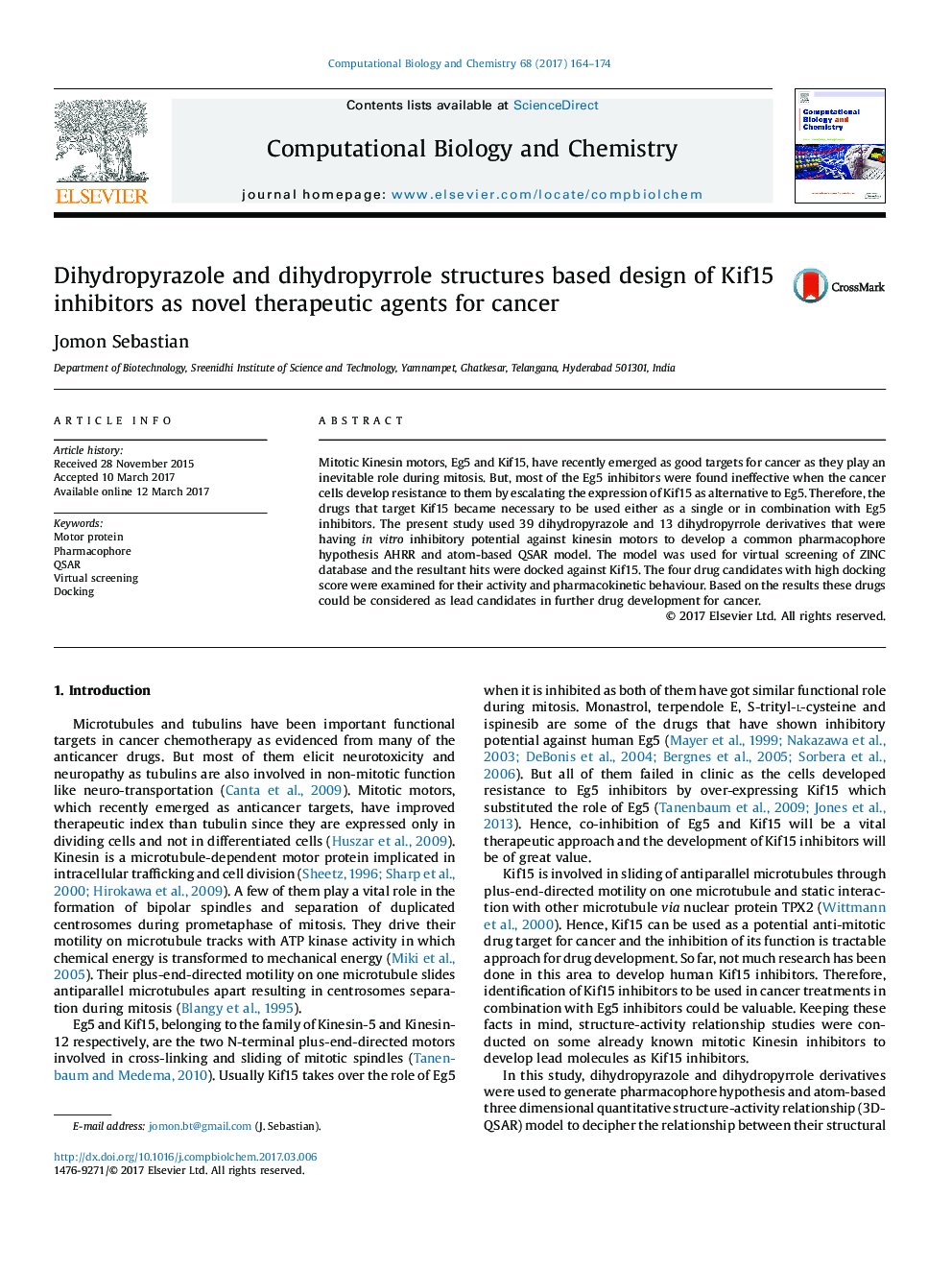 Dihydropyrazole and dihydropyrrole structures based design of Kif15 inhibitors as novel therapeutic agents for cancer