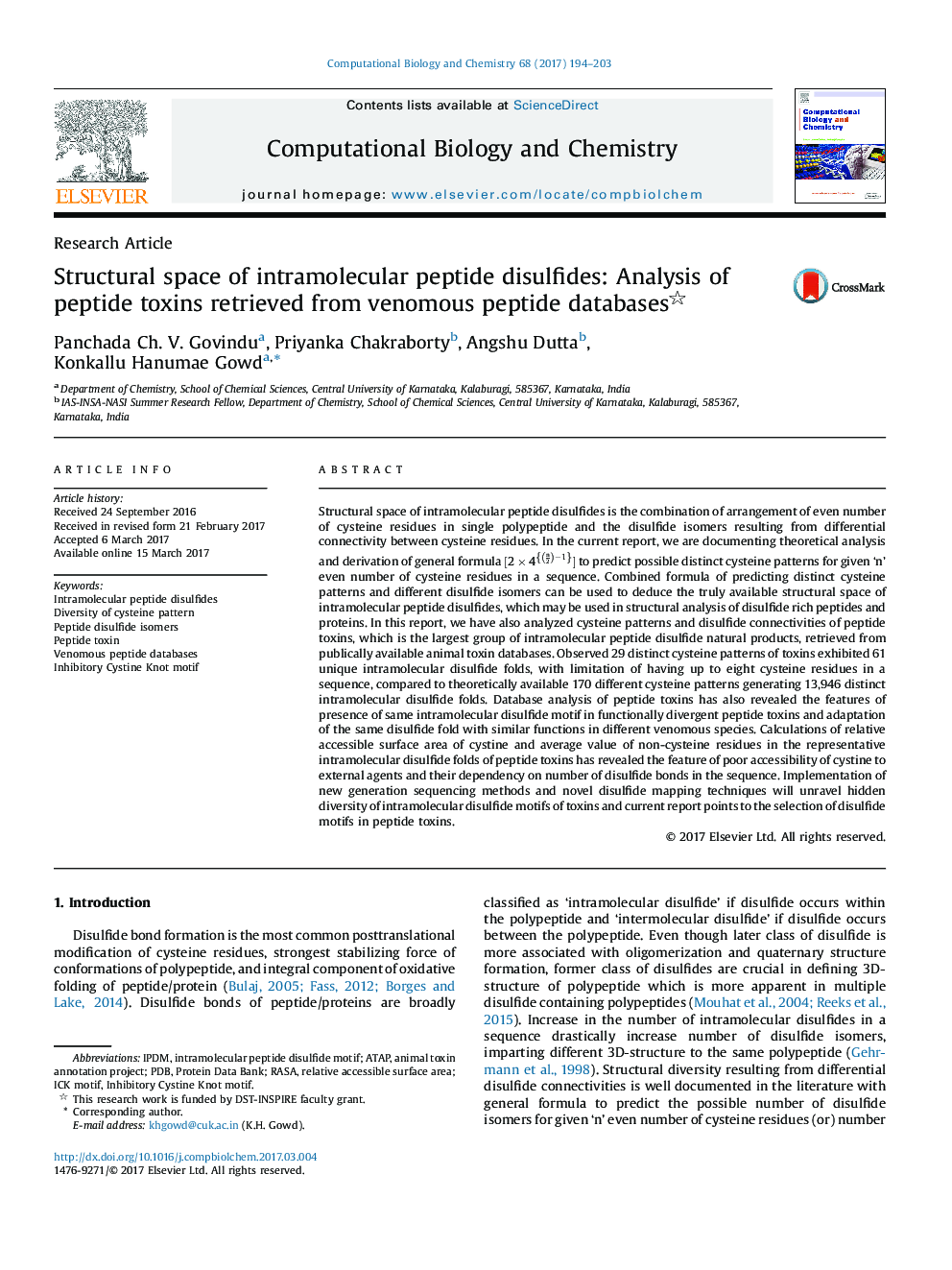 تحقیقات مقاله فضای ساختاری دیسولفید پپتید داخل مولکولی: تجزیه و تحلیل سموم پپتیدی که از پایگاه داده های پپتید سمی بازیابی شده است