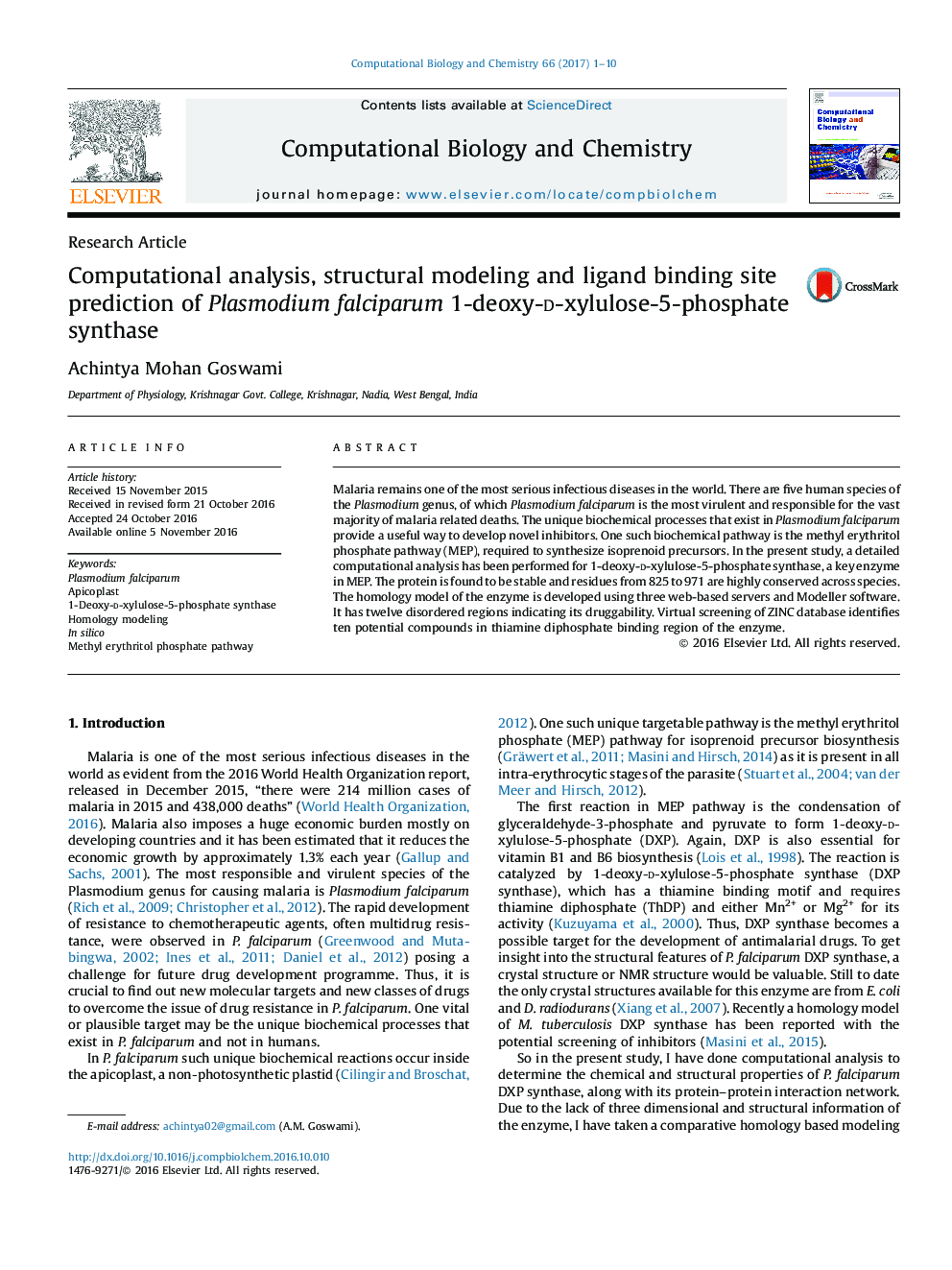 Computational analysis, structural modeling and ligand binding site prediction of Plasmodium falciparum 1-deoxy-d-xylulose-5-phosphate synthase