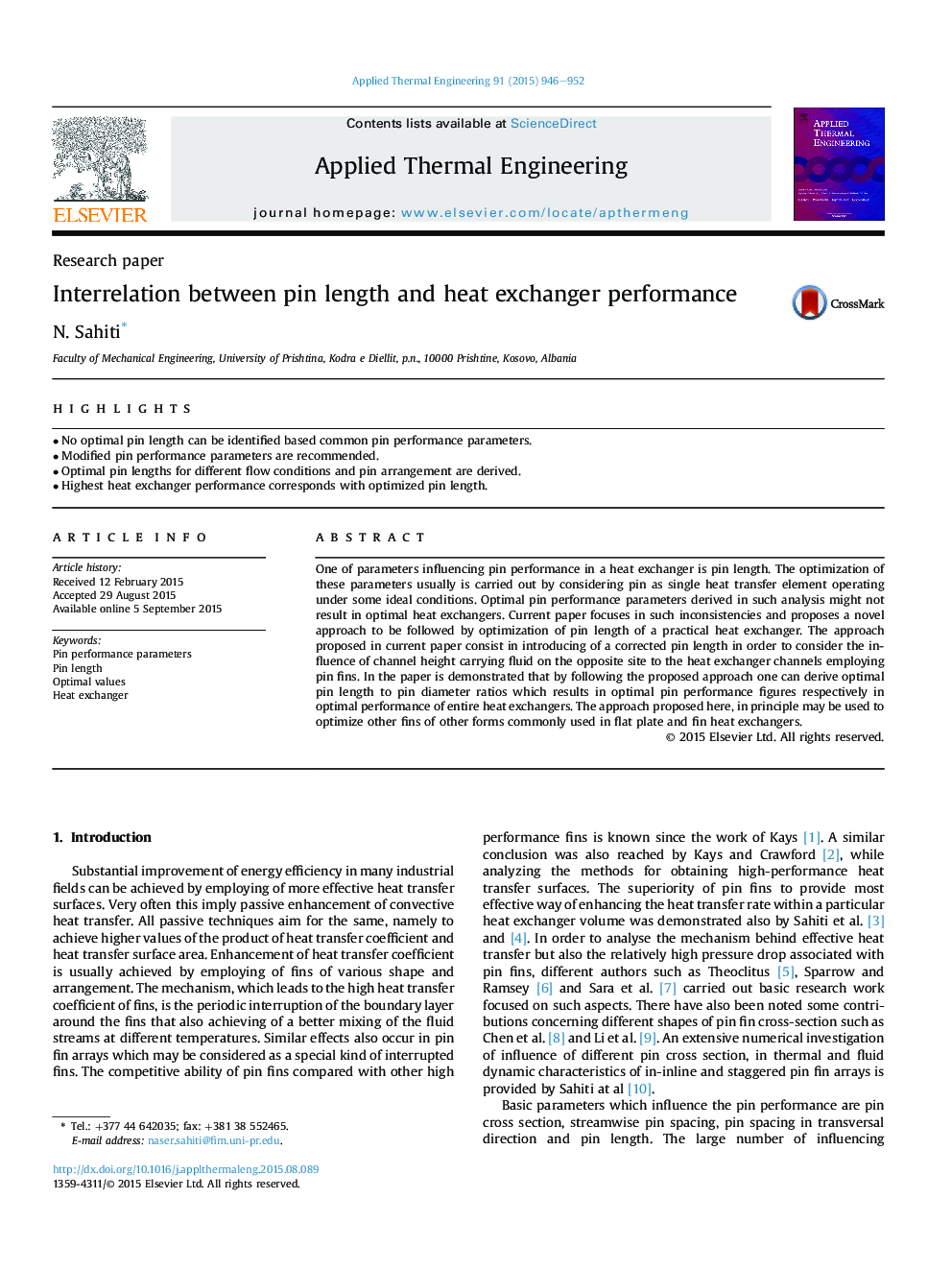 Interrelation between pin length and heat exchanger performance