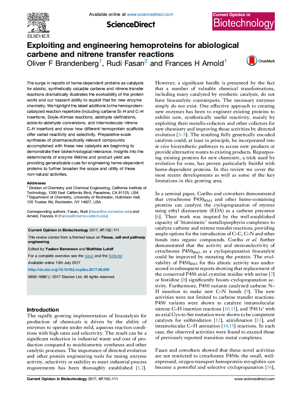 Exploiting and engineering hemoproteins for abiological carbene and nitrene transfer reactions