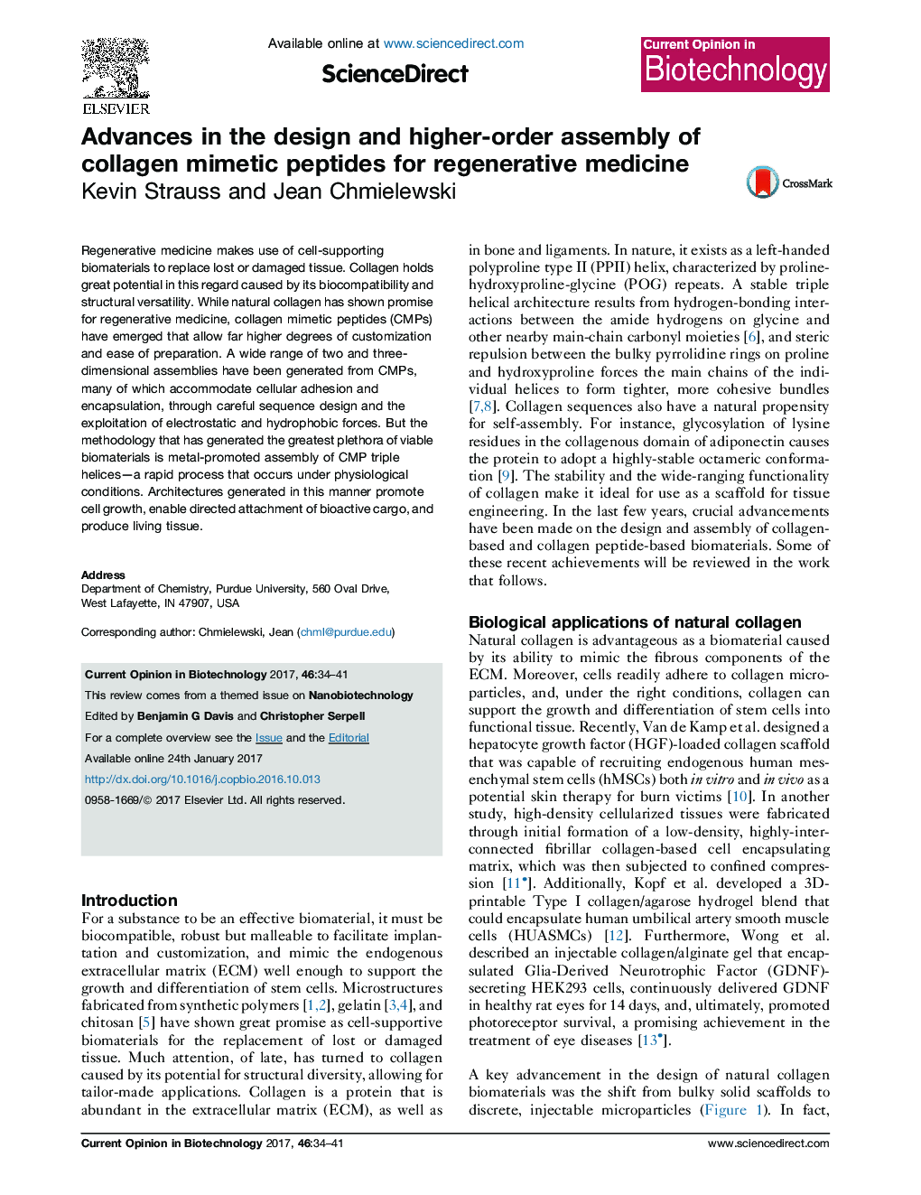 Advances in the design and higher-order assembly of collagen mimetic peptides for regenerative medicine