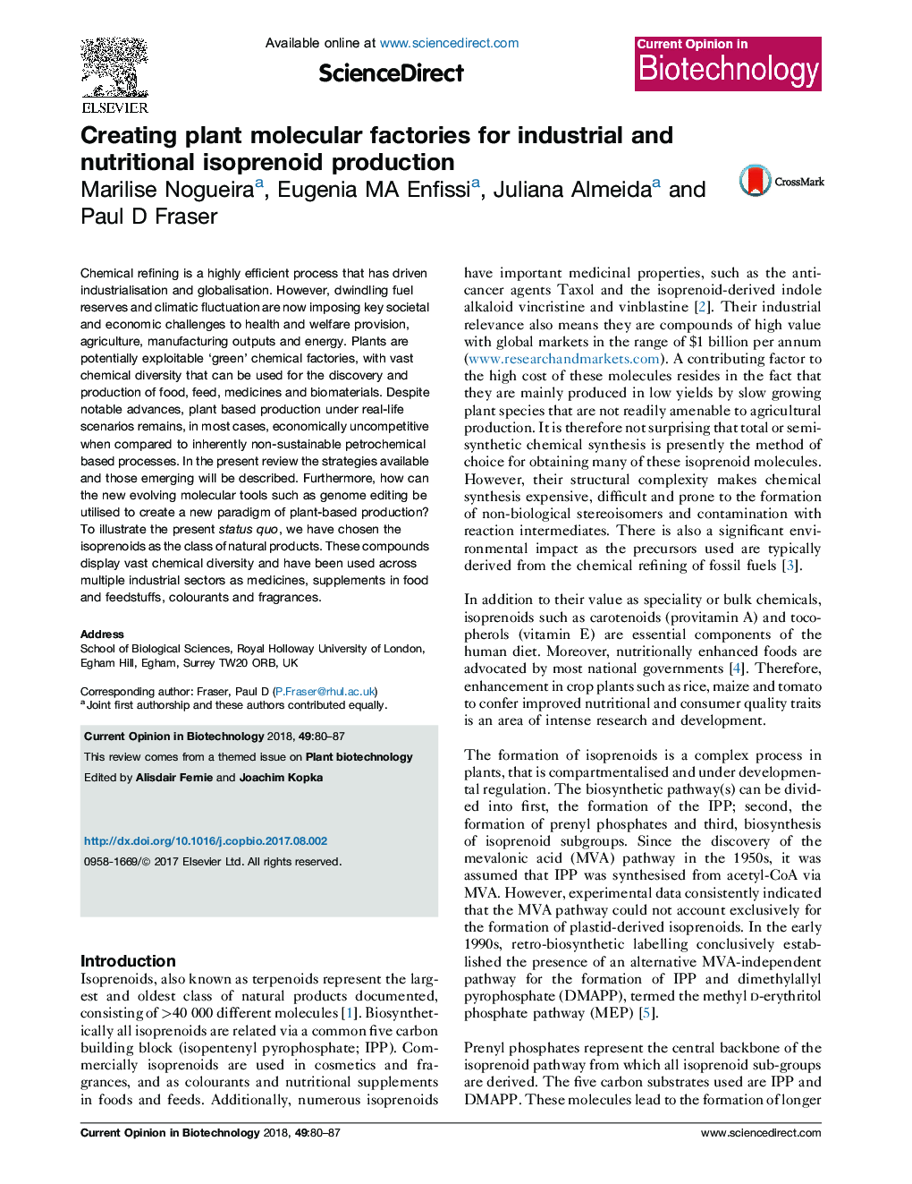 Creating plant molecular factories for industrial and nutritional isoprenoid production