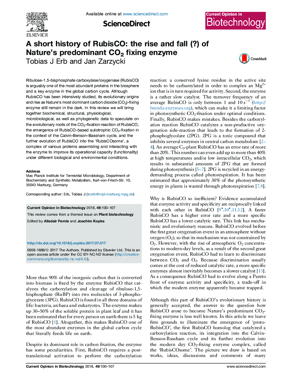 A short history of RubisCO: the rise and fall (?) of Nature's predominant CO2 fixing enzyme