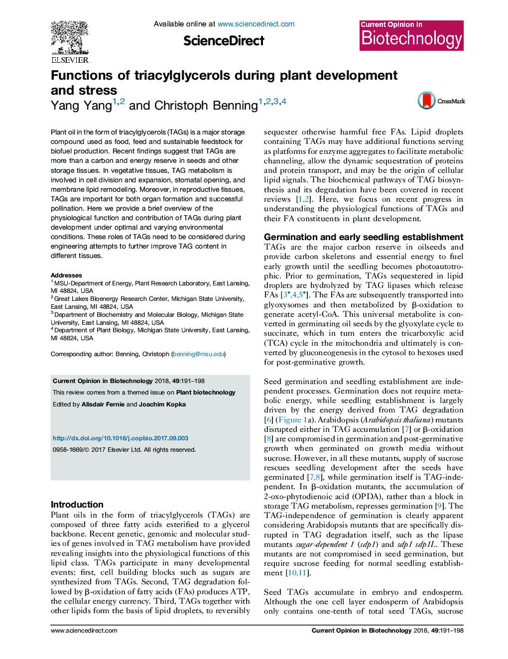 Functions of triacylglycerols during plant development and stress