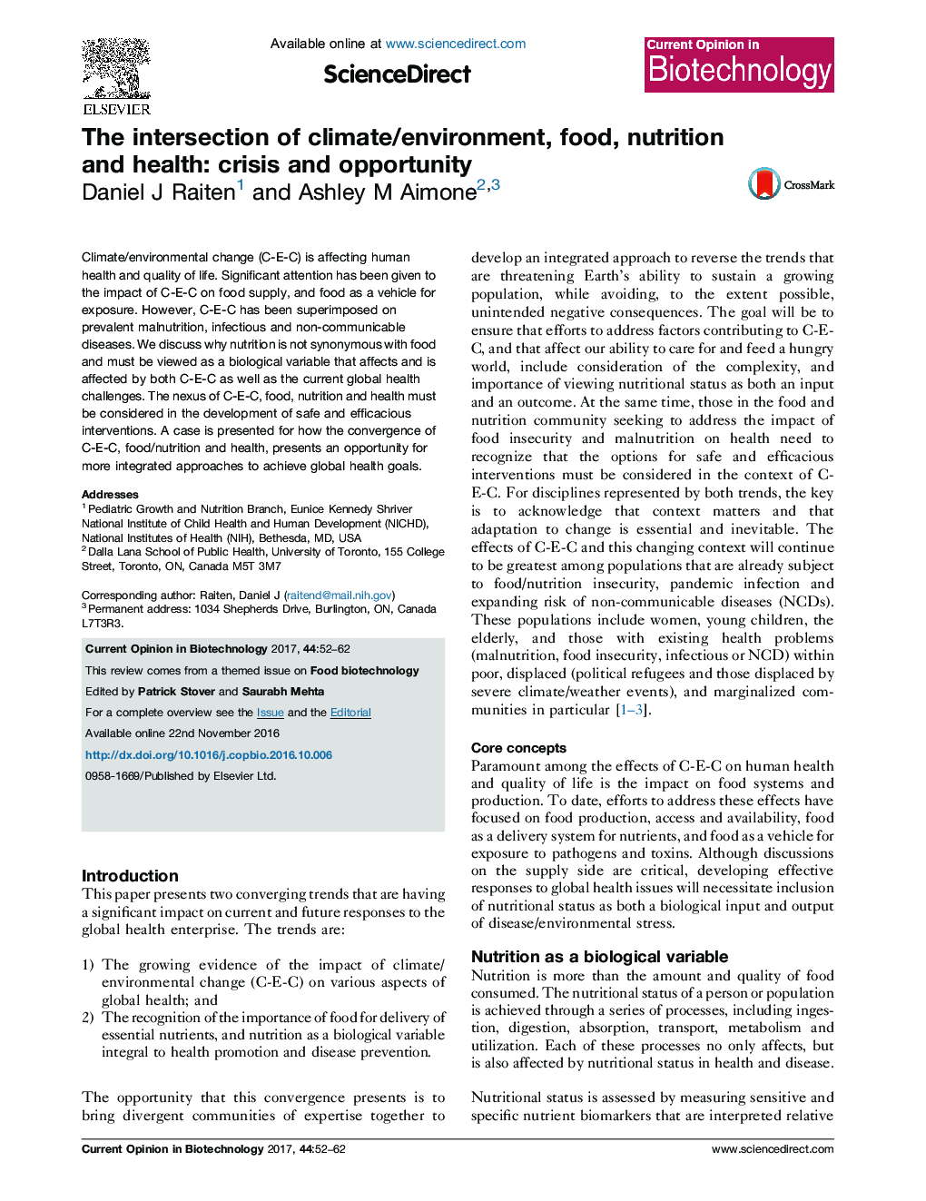 The intersection of climate/environment, food, nutrition and health: crisis and opportunity