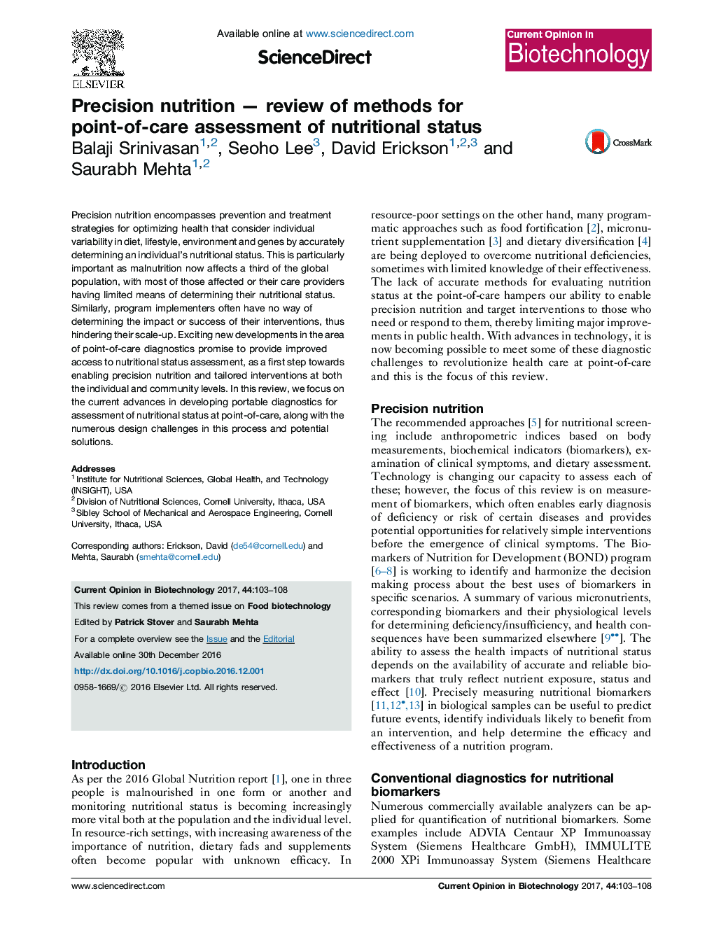 Precision nutrition — review of methods for point-of-care assessment of nutritional status