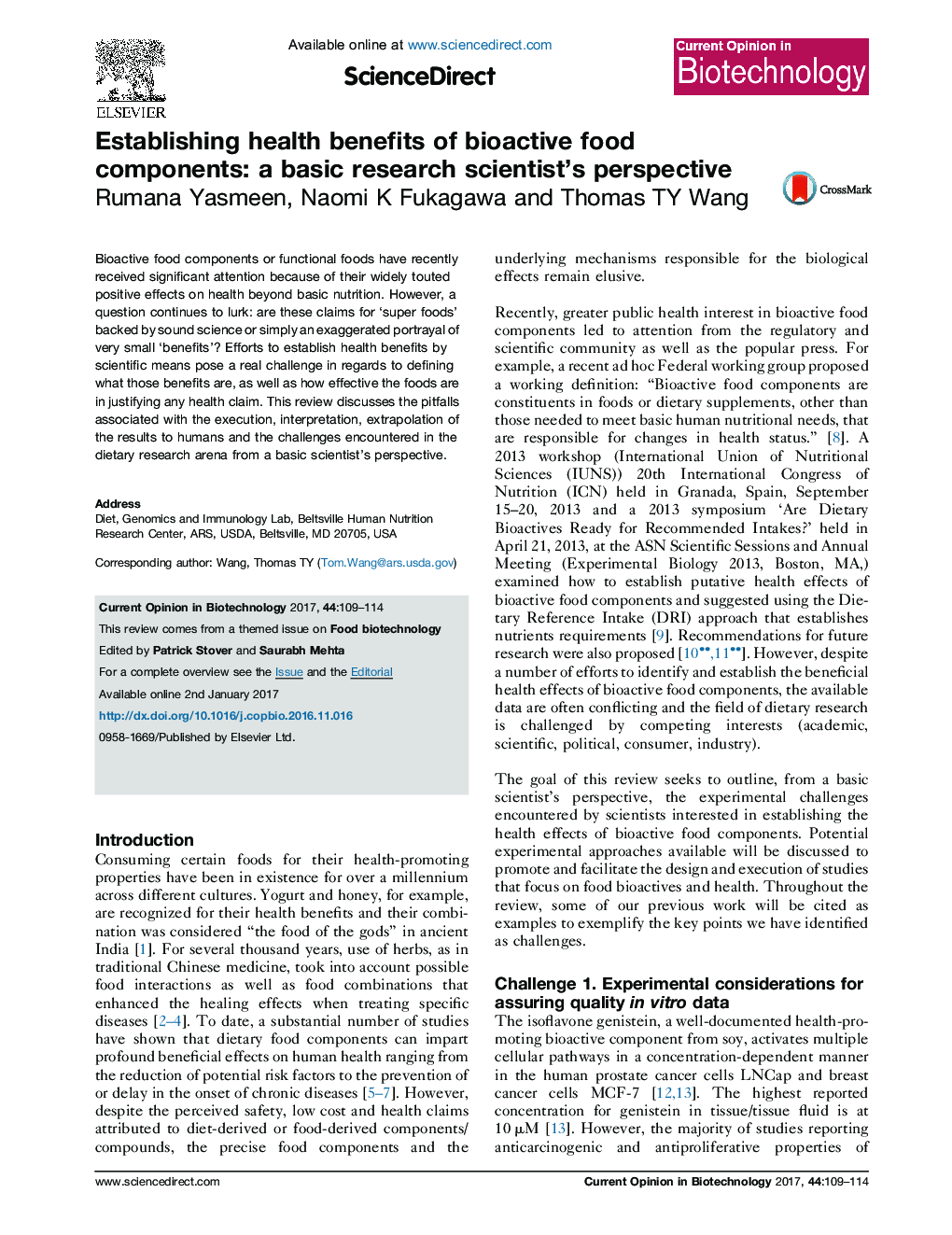 Establishing health benefits of bioactive food components: a basic research scientist’s perspective