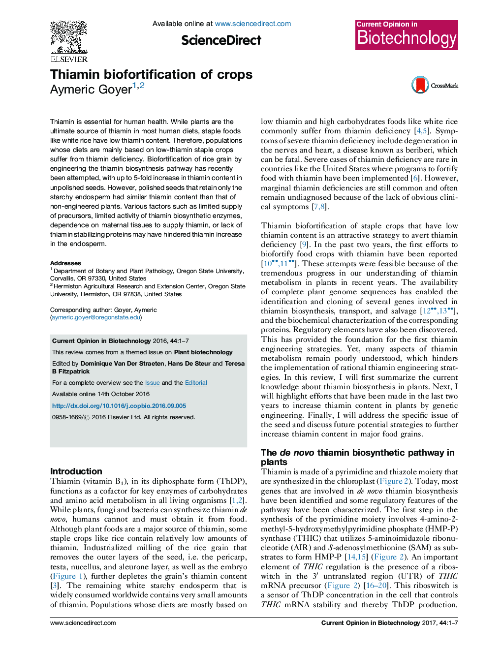 Thiamin biofortification of crops