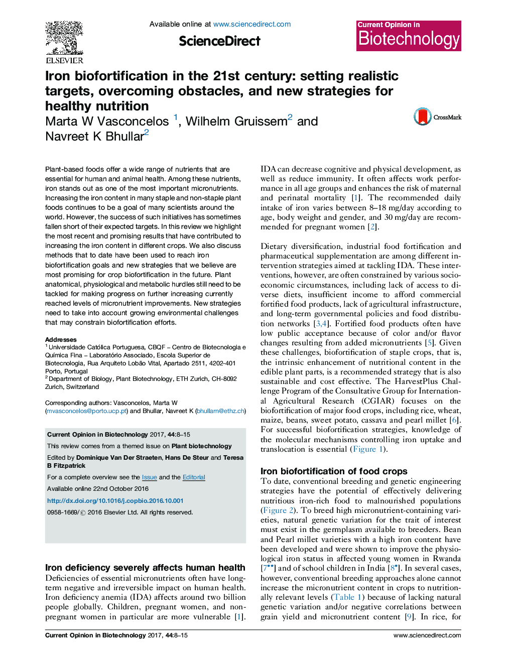 Iron biofortification in the 21st century: setting realistic targets, overcoming obstacles, and new strategies for healthy nutrition