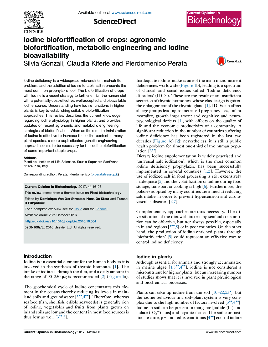 Iodine biofortification of crops: agronomic biofortification, metabolic engineering and iodine bioavailability