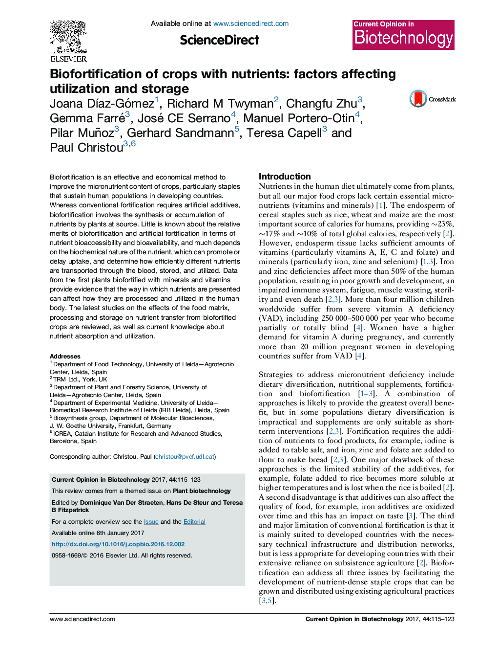 Biofortification of crops with nutrients: factors affecting utilization and storage