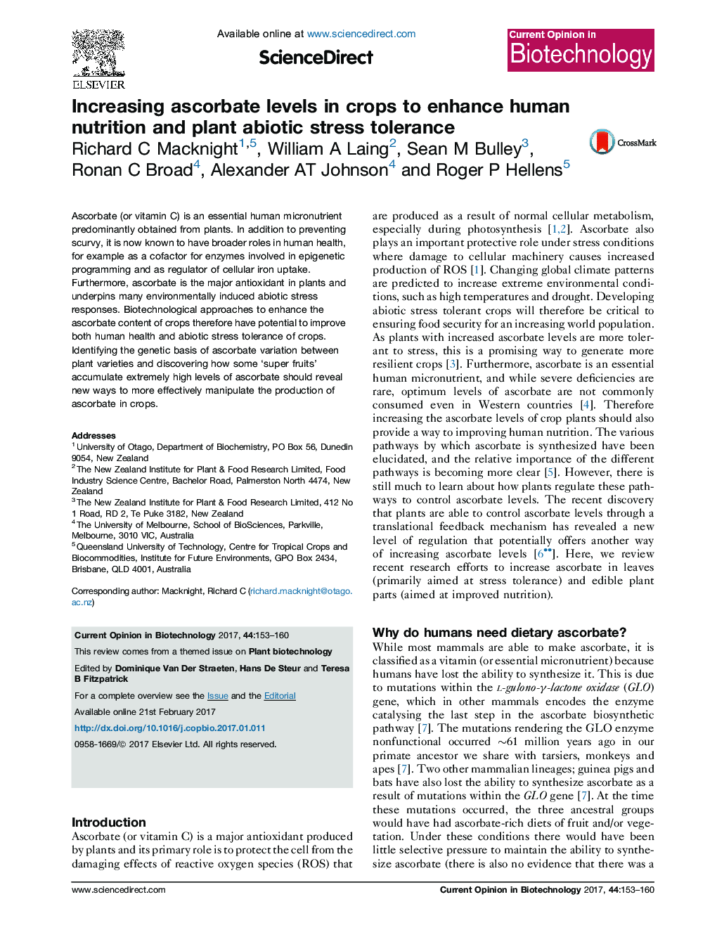 Increasing ascorbate levels in crops to enhance human nutrition and plant abiotic stress tolerance