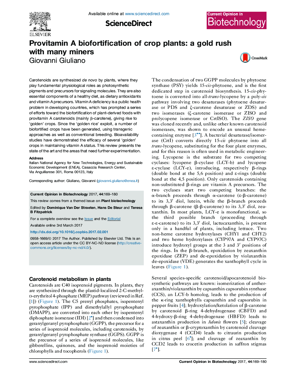 عکس صفحه اول مقاله: Provitamin A biofortification of crop plants: a gold rush with many miners Provitamin A biofortification of crop plants: a gold rush with many miners